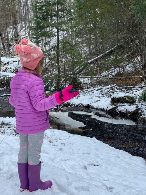 A young girl looks down at a stream near Munising Falls, some snow can be seen on the ground.