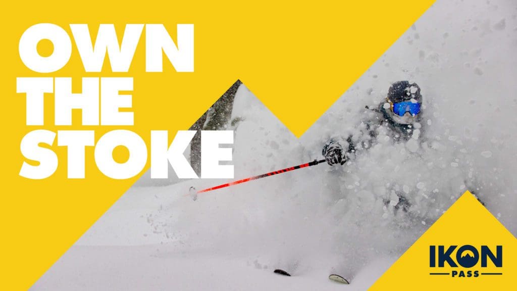 A graphic for Icon Pass, featuring the words "Own The Stoke". The Icon Pass is one of the passes families can use to ski when visiting Deer Valley with kids.