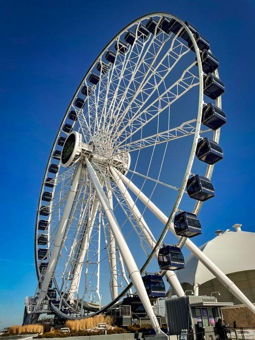 The Centennial Wheel in Chicago on a bright blue, winter day.