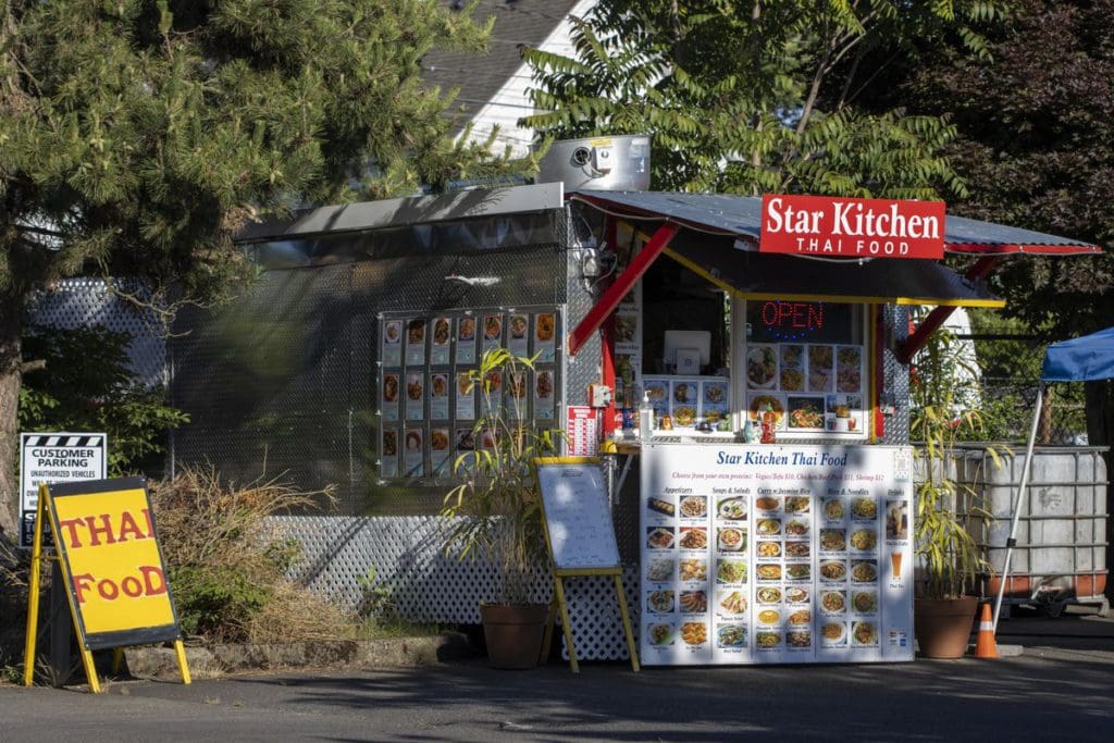 A view of a food truck in Portland, featuring Asian-inspired food.