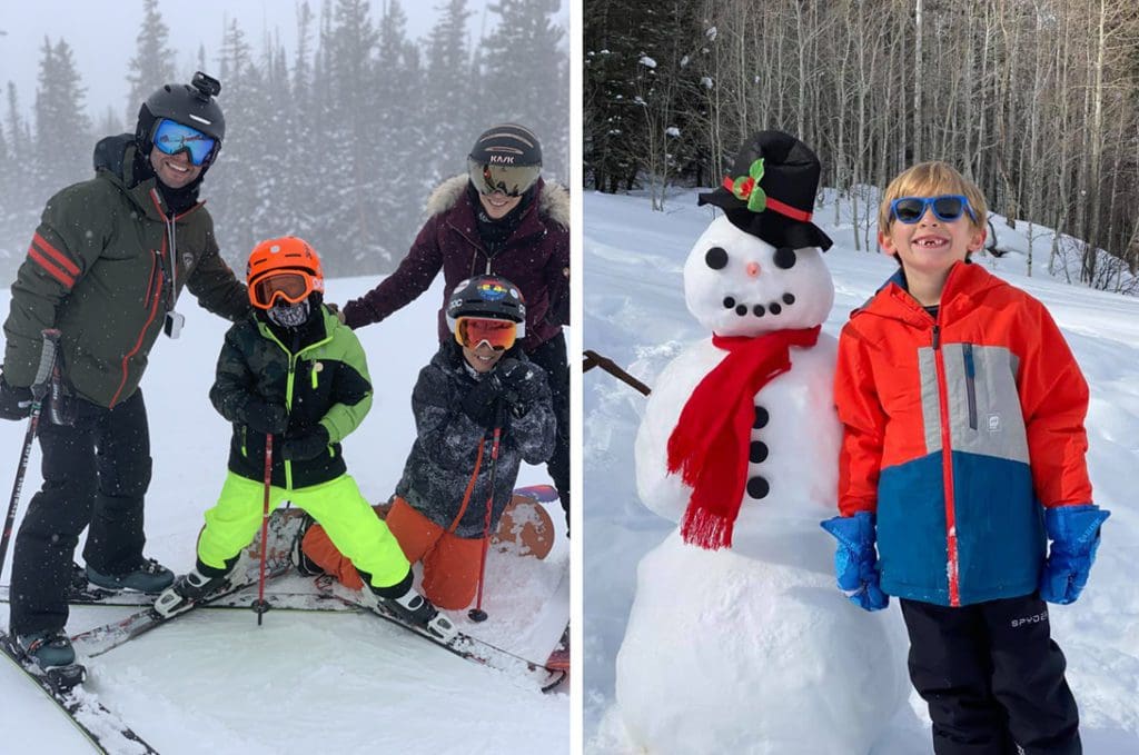 Left image: a family of three on skis enjoy a snowy day at Snowmass Ski Resort. Right image: A young boy wearing snow gear and sunglasses stands next to a snowman of the same size.