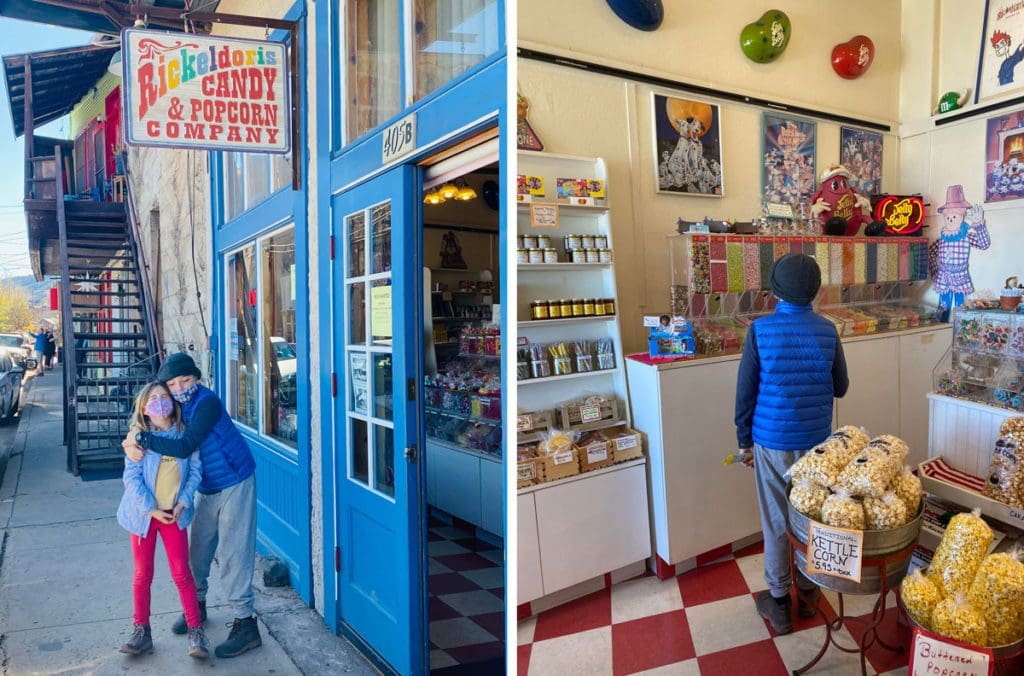 Left Image: Two kids embrace outside a candy store in Sedona. Right Image: A young boy explores a candy store.