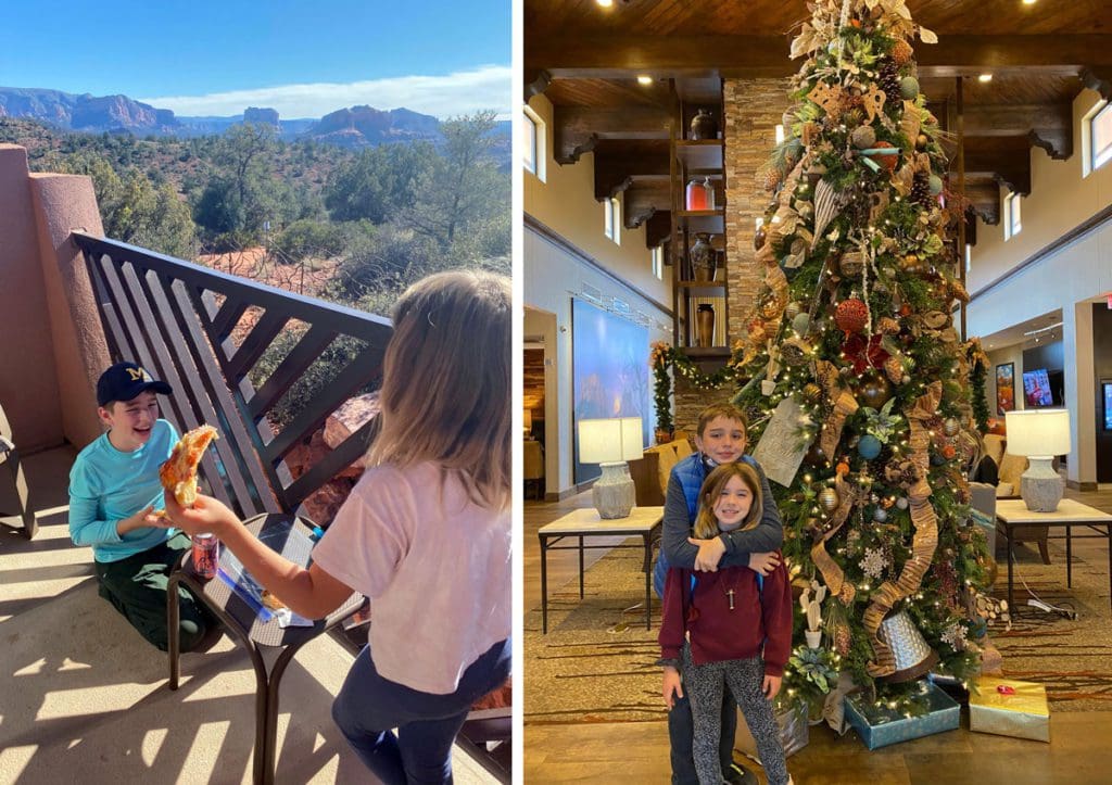 Left Image: Two kids laugh, while eating pizza on a balcony at a hotel in Sedona. Right Image: A family poses near a hotel lobby Christmas tree at the Courtyard by Marriott, one of the best places to stay on this Sedona and Grand Canyon itinerary for families..