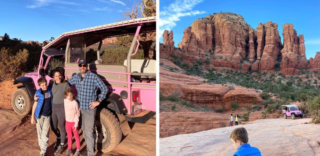 Left Image: A family of four poses near a pink jeep during a tour. Right Image: A boy wanders around a desert trail in Sedona.