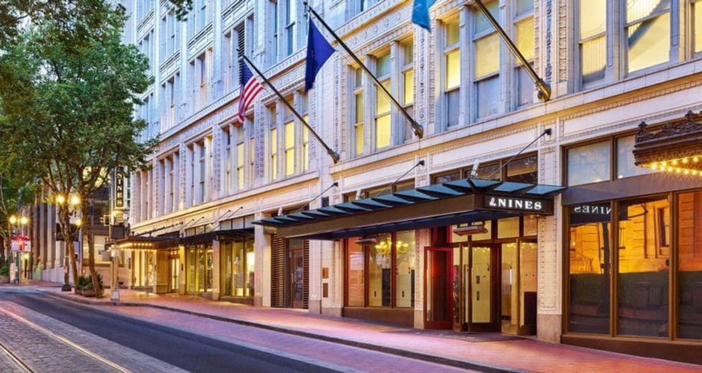 The grand entrance to the The Nines, a Luxury Collection Hotel, Portland in Portland.