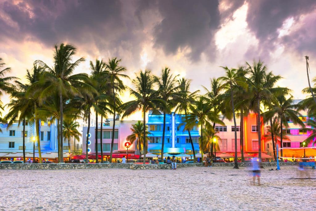 A stretch of beach lined with palm trees and colorful houses in the distance in Miami, one of the best Moms’ Getaways or Girls’ Trip Ideas.