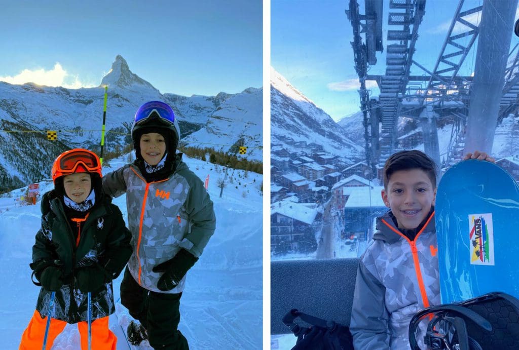 Left Image: Two brothers stand together, while skiing in Zermatt. Right Image: A young boy holds a snowboard, while going up a chairlift in Zermatt.