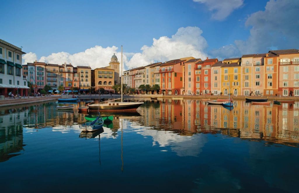 A view of the colorful Loews Portofino Bay Resort from across the water.