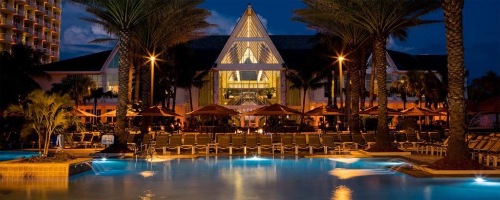The front exterior of the JW Marriott Marco Island Resort at night, one of the Best Marriott Properties in the U.S. for a Family Vacation.