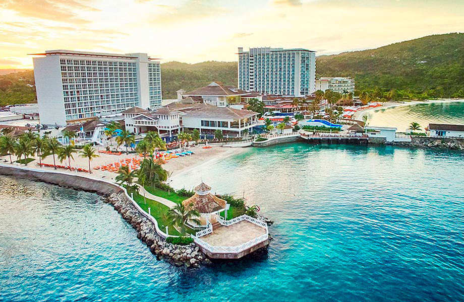 An aerial view of the resort grounds and shoreline of the Moon Palace Jamaica, one of the best all-inclusive resorts in Jamaica for families.