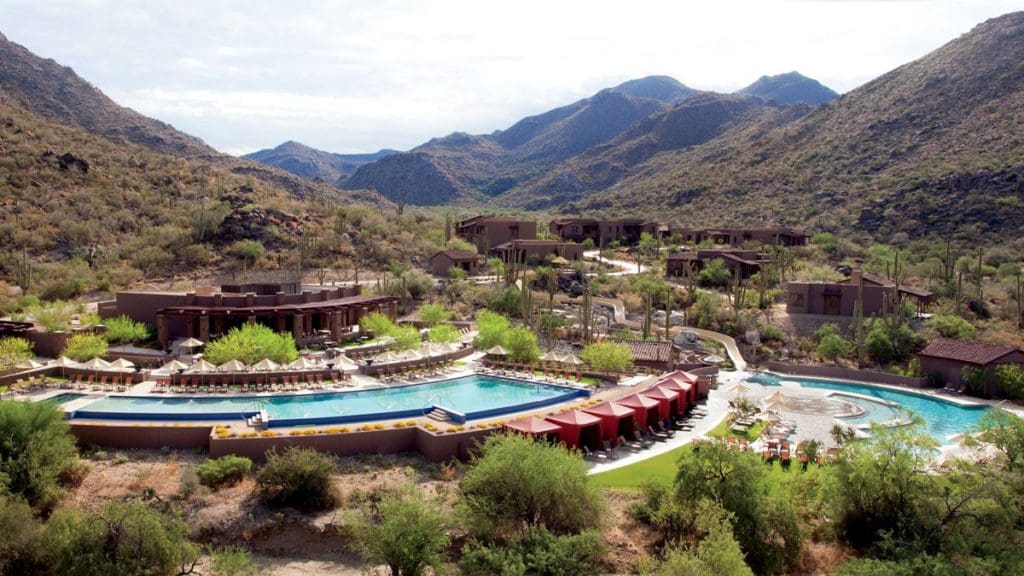 An aerial view of The Ritz-Carlton, Dove Mountain, with its dessert location and pool.