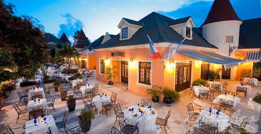 An aerial view of the on-site dining, one of the main reasons guests visit Beaches Turks & Caicos for a family vacation.