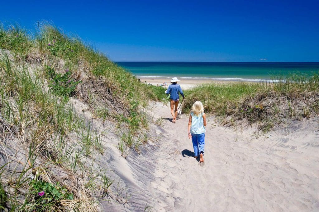 A young child chases after her dad along a sandy path between beach grass in Block Island.