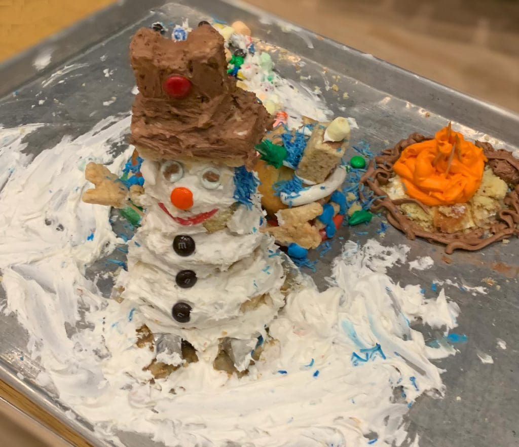 The end product of a young girl's bake-off submission at Woodloch Resort, featuring a snowman creature covered in frosting.