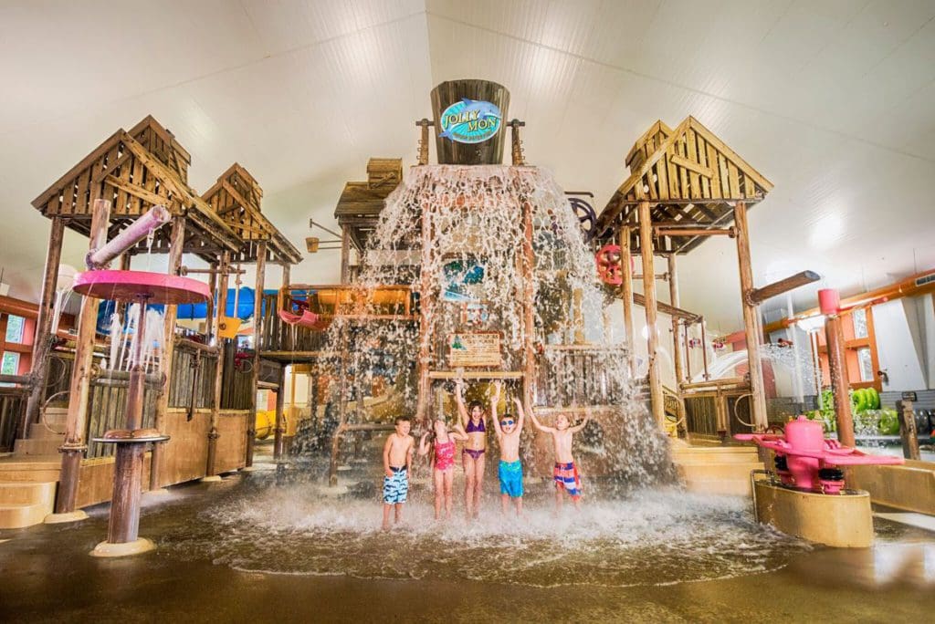 The huge splash pad play area of the on-site indoor water park at Margaritaville Lake Resort Lake of the Ozarks.