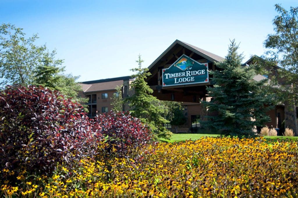 The exterior entrance to Timber Ridge Lodge & Waterpark, seen through the summer flowers on a sunny day.