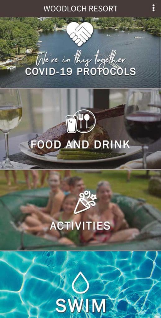 A view of the different selection of options on the Woodloch Resort app, including food and drink and activities.