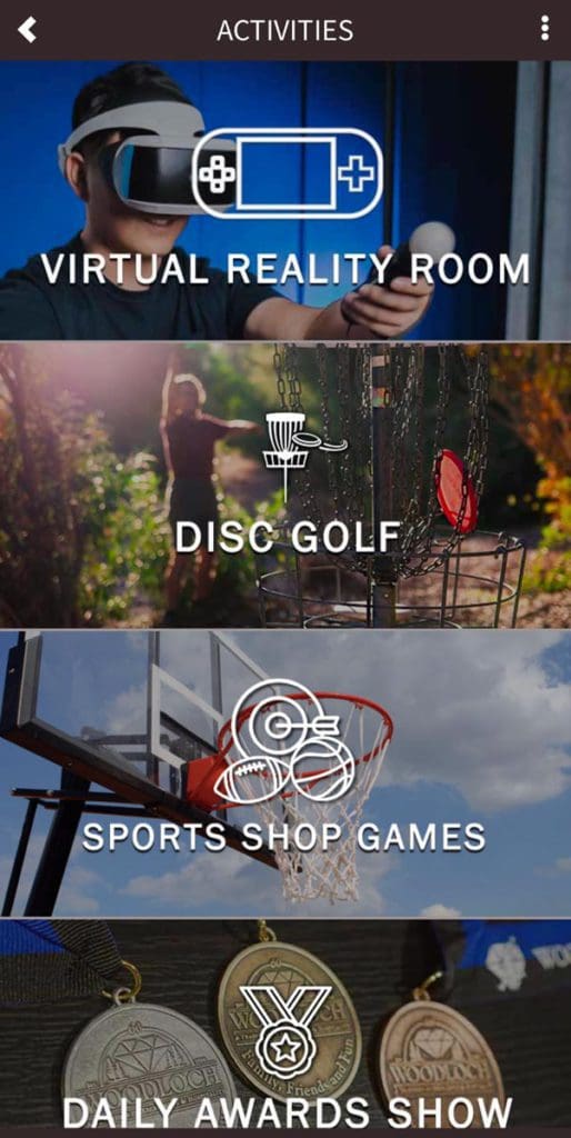 A view of the different selection of options on the Woodloch Resort app, including disc golf and sports shop games..