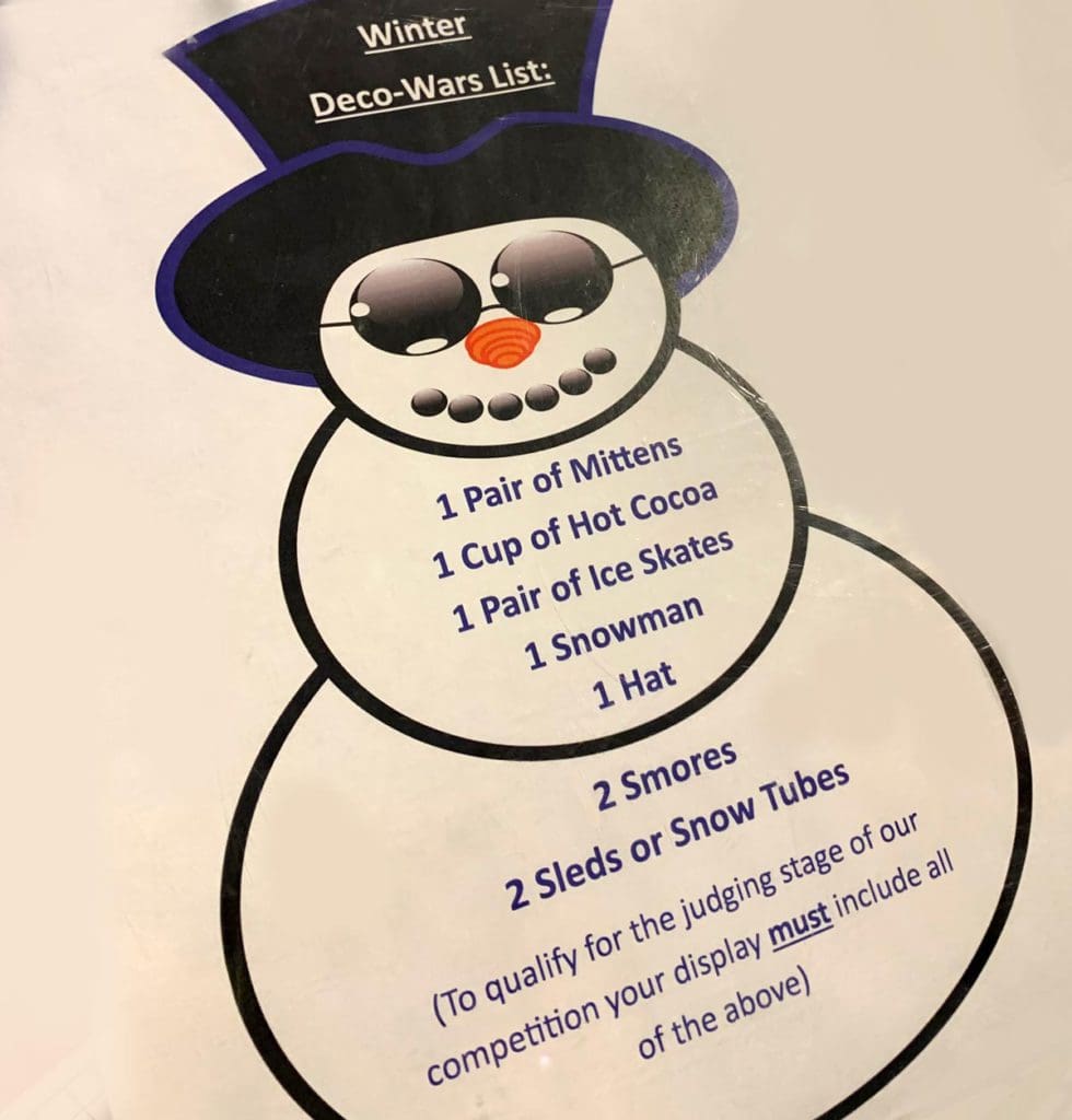 The instructions on a snowman piece of paper for the bake-off competition at Woodloch Resort.