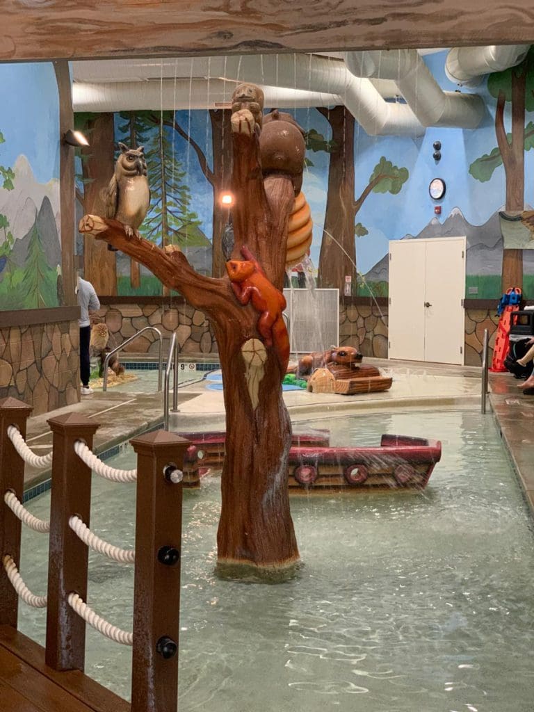 A large tree statue holding various woodland critters in the indoor splash pad area of Woodloch Resort.