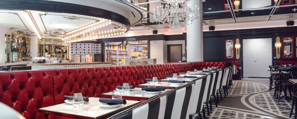Inside The Sugar Factory in Las Vegas, featuring push seating in red.