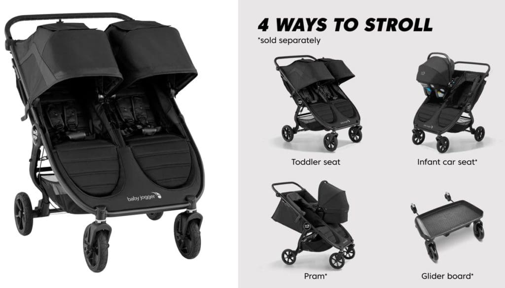 Left image: a product shot of a Baby Jogger City Mini GT2 Double Stroller in black. Right Image: Four product shots of the Baby Jogger City Mini GT2 Double Stroller in different stages from folded up and as a pram to fully extended.