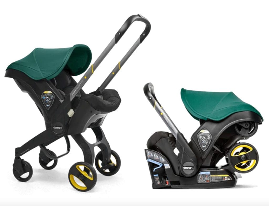 A product shot of Doona Car Seat & Stroller in green, next to the corresponding car seat.
