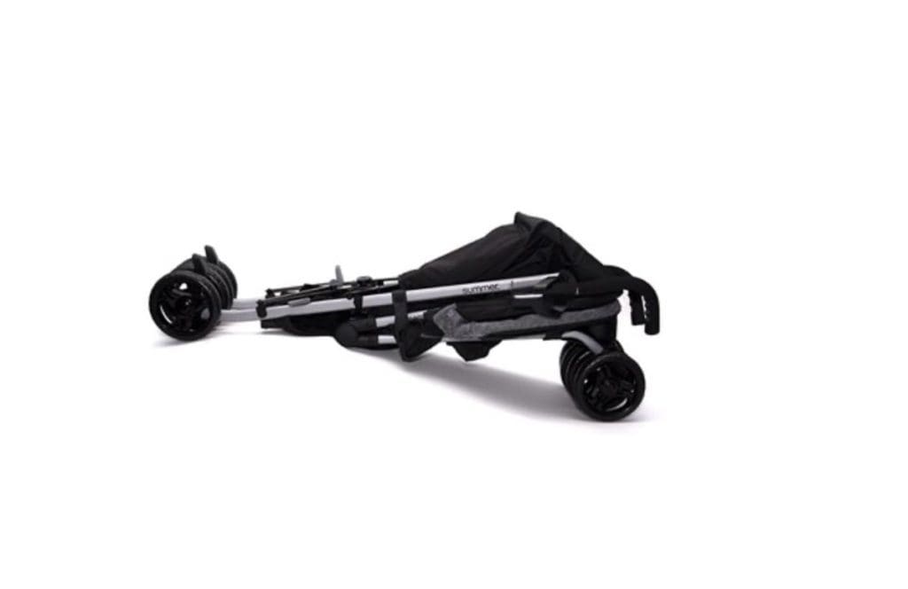 A product shot of a compact, folded Summer Infant 3Dlite Convenience Stroller in black.