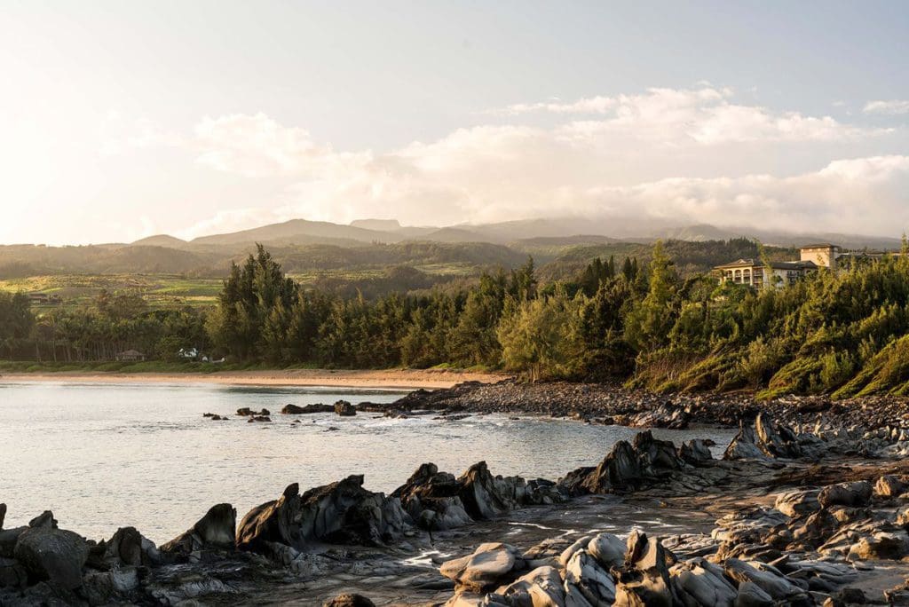 The Ritz-Carlton Maui, Kapalua in the distance along a rugged Hawaiin coastline from Makaluapuna Point, one of the best hotels in Hawaii for a family vacation.