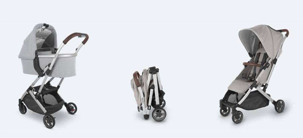 Three product shots of a UPPAbaby MINU Stroller, as a pram, folded up, and as a stroller in beige.