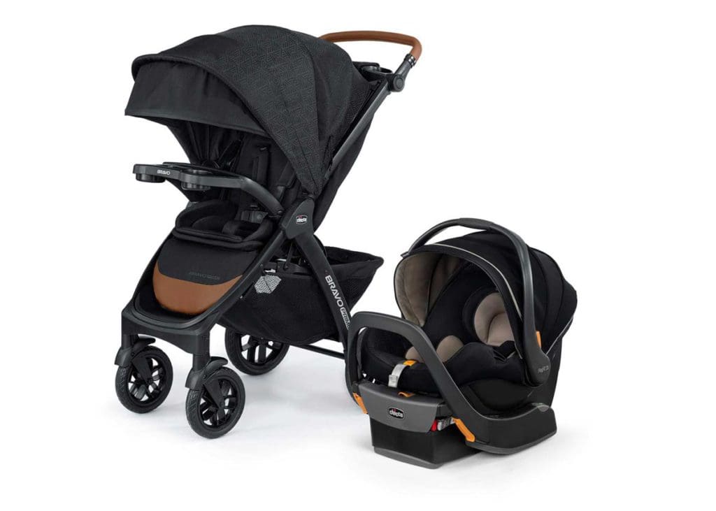 A product shot of Chicco Bravo Trio in black, next to the corresponding car seat, one of the best strollers for travel.