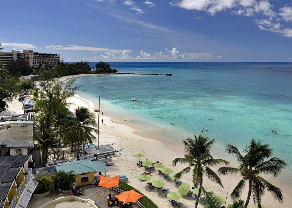 A long stretch of beach in Barbados, featuring swaying palm trees, turquoise waters, and resorts.