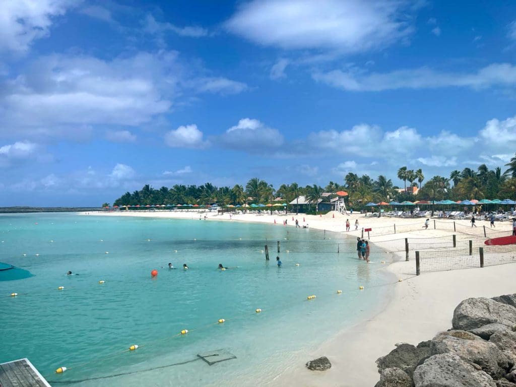 A pristine beach at Castaway Cay, one of the best stops on any Disney Caribbean Cruise.