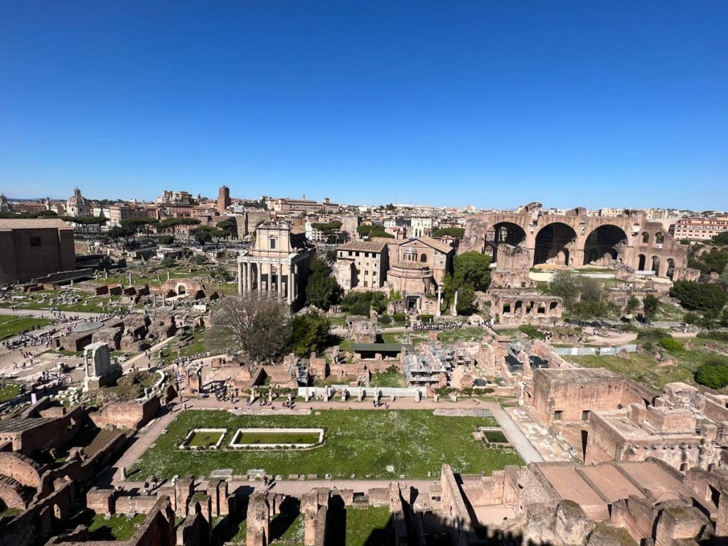 An aerial view of the grounds inside the Roman Forum.