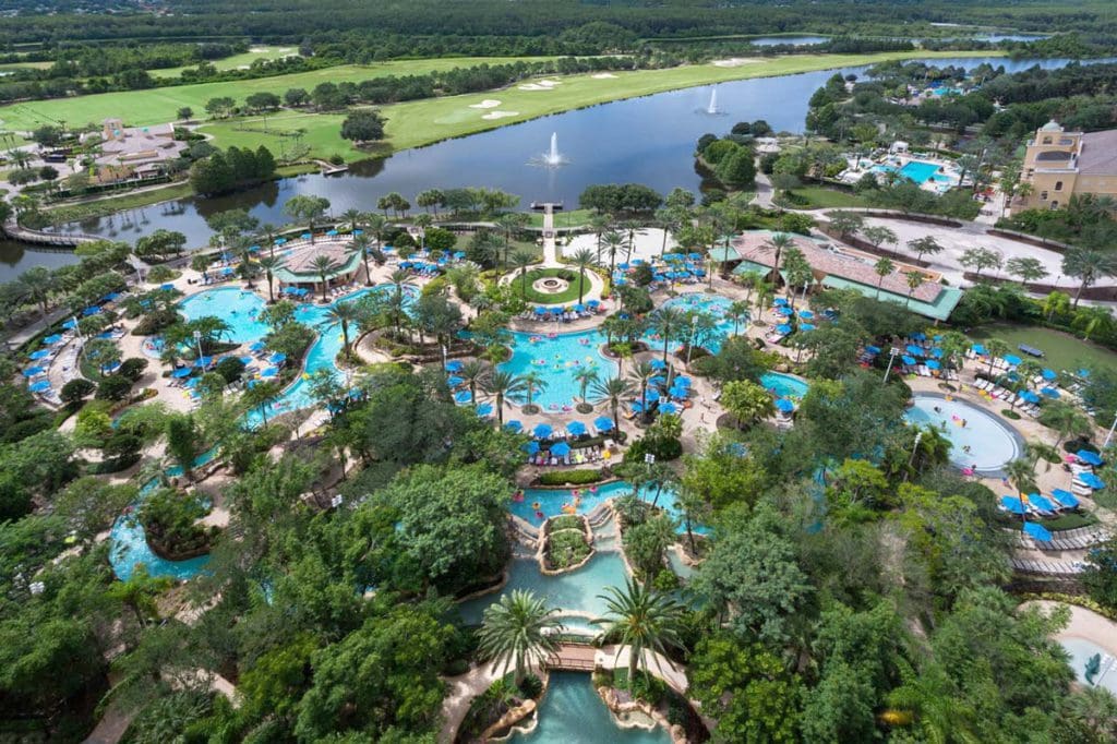 An aerial view of the complex lazy river at the JW Marriott Orlando, Grande Lakes.