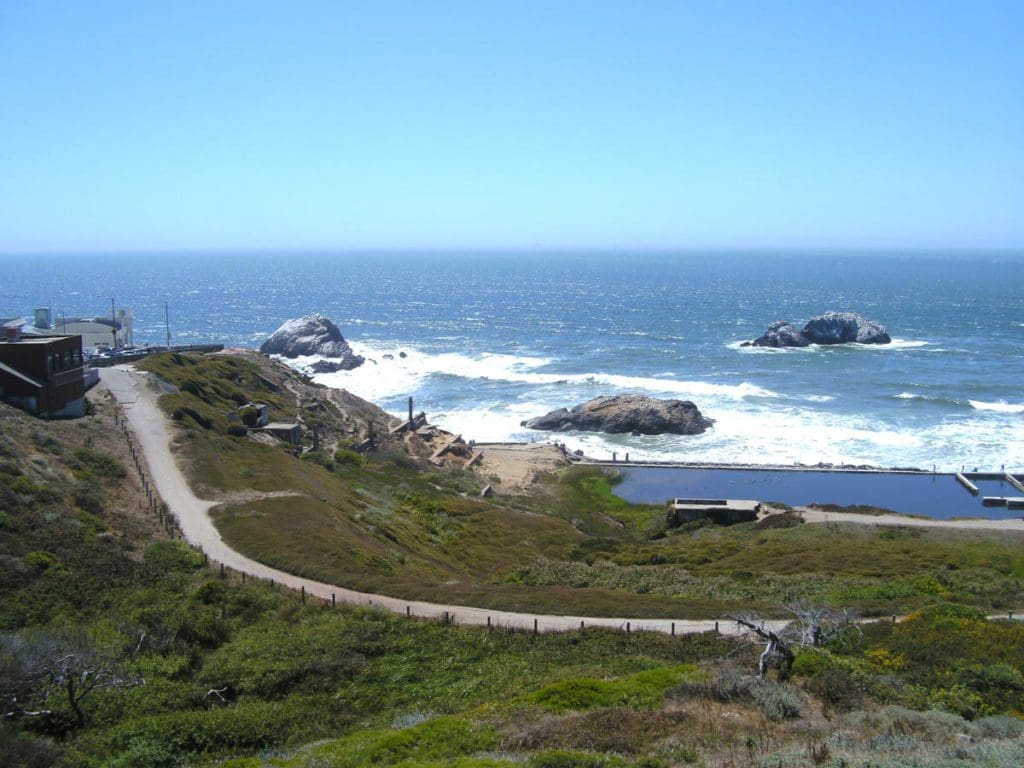 An aerial view of the path along the shoreline at Lands End, one of the best things to do in San Francisco with kids.