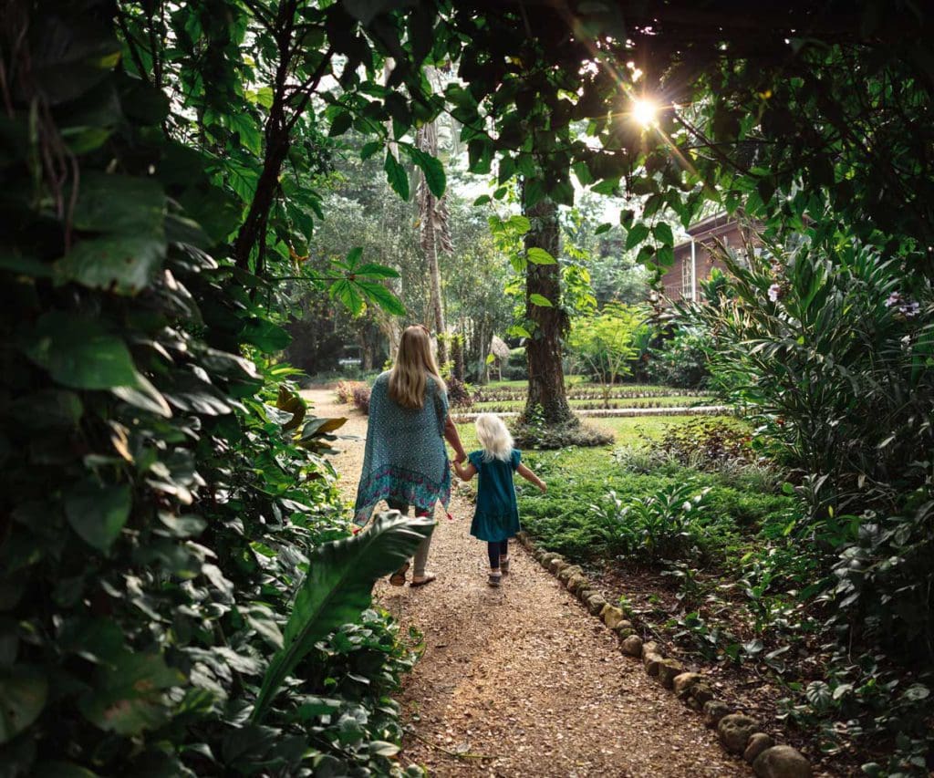 A mom and her young daughter walk along a path toward a villa at Sweet Songs Jungle Lodge, a Muy'Ono Resort, with rainforest foliage flanking both sides.