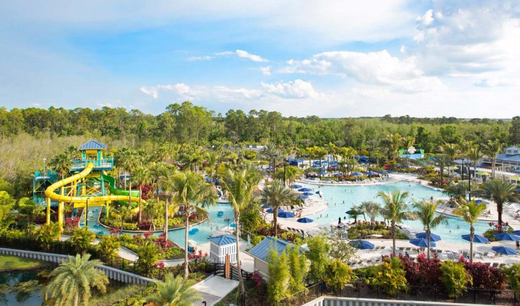 An aerial view of the large waterpark at The Grove Resort & Water Park Orlando, one of the best hotels in Orlando with a waterpark for families.