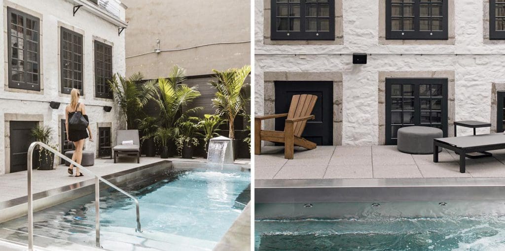 Left image: a woman walks along the outdoor pool at Hotel William Gray. Right image: A close up of the outdoor pool at Hotel William Gray, with pool chairs along the side of it.