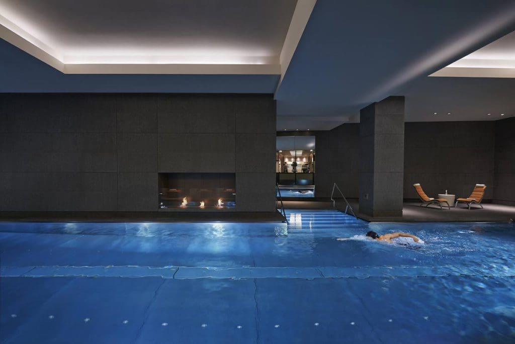 The indoor swimming pool, with a tranquil environment, at Mandarin Oriental Hyde Park, one of the best London Hotels for Families.