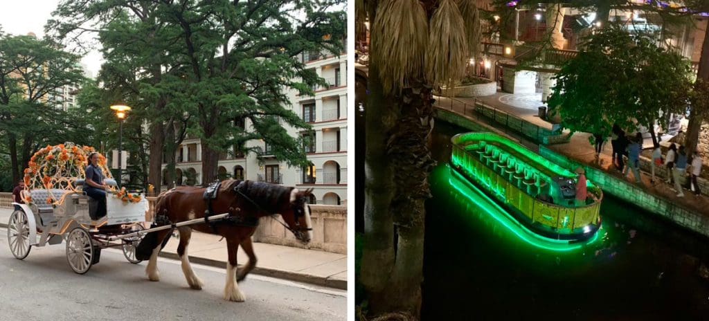 Left Image: A horse-drawn carriage makes its way through San Antonio. Right Image: A boat, lit up with green lights, sails down a river in San Antonio.