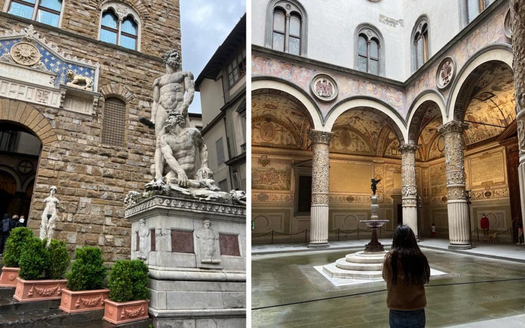 Left Image: Statues at the entrance of Palazzo Vecchio. Right Image: A young girl looks up at the large columns within the interior courtyard of the Palazzo Vecchio.