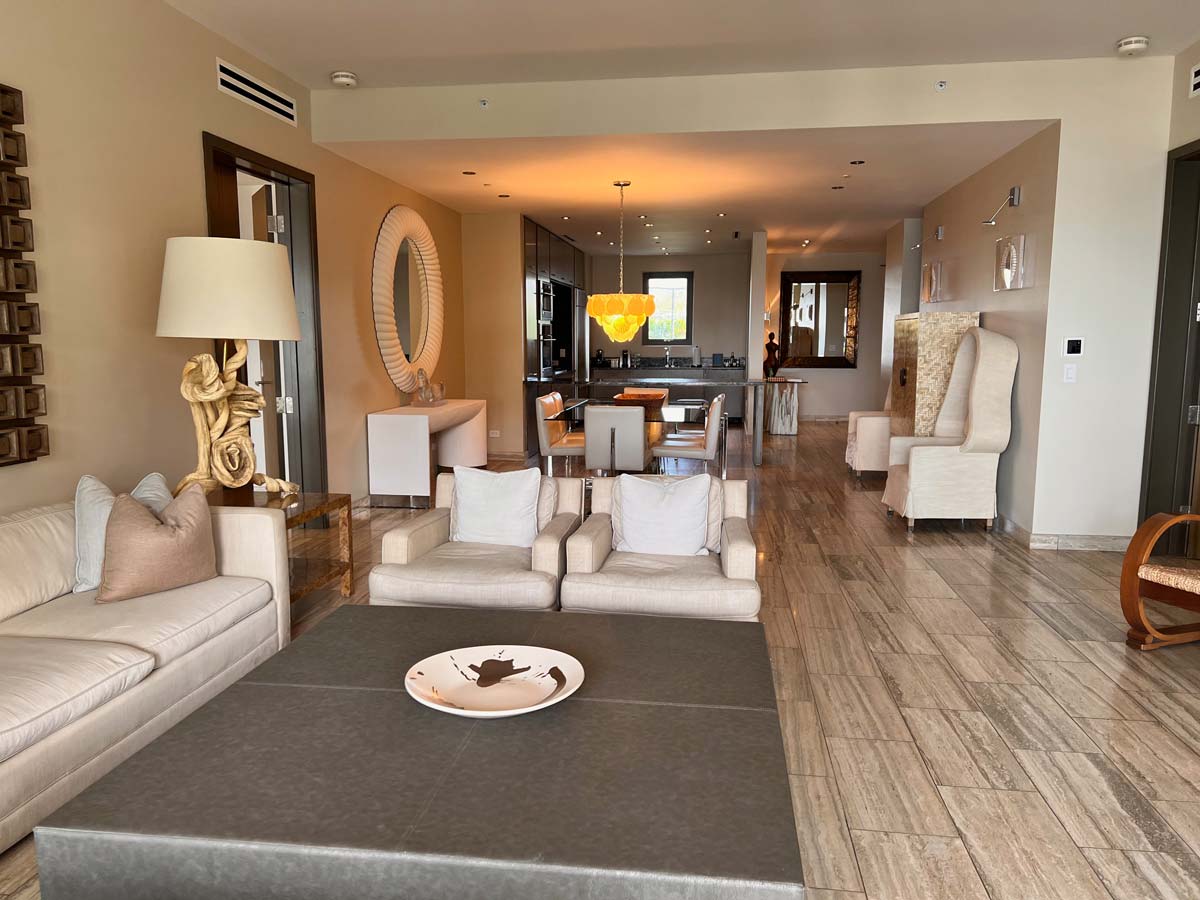 Inside one of the living rooms of a two-bedroom suite at Four Seasons Resort and Residences Anguilla.