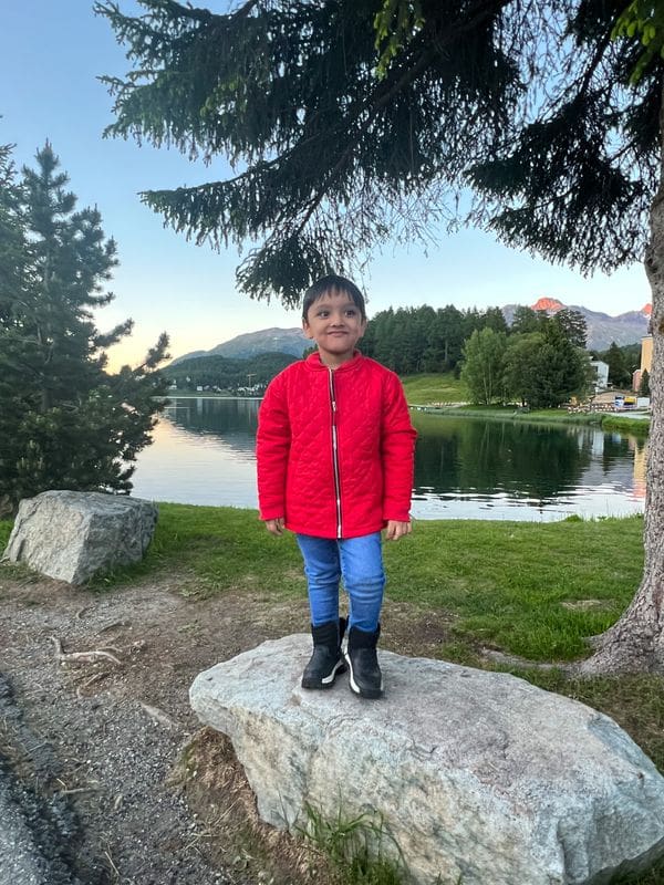A young boy wearing a read coat stands on a small boulder with a Swiss lake behind him.