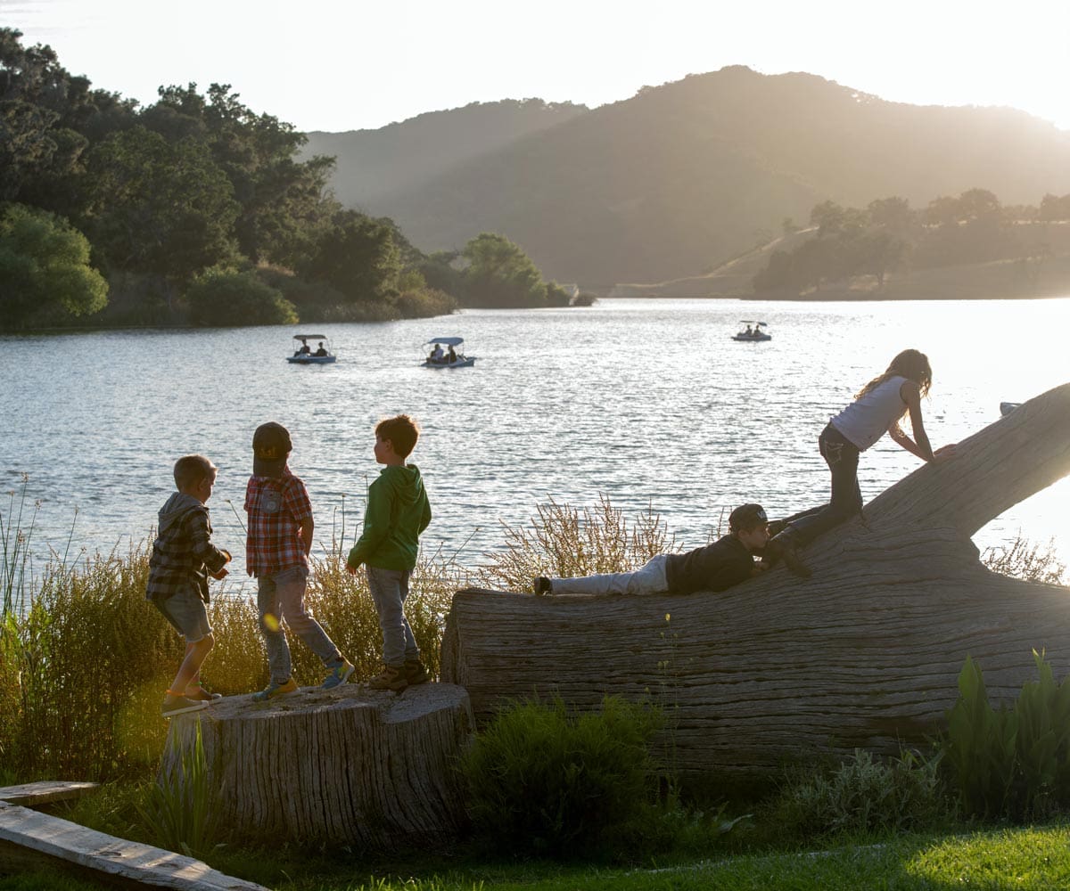 Several kids play near and on a large fallen log aside a lake at Alisal Ranch.