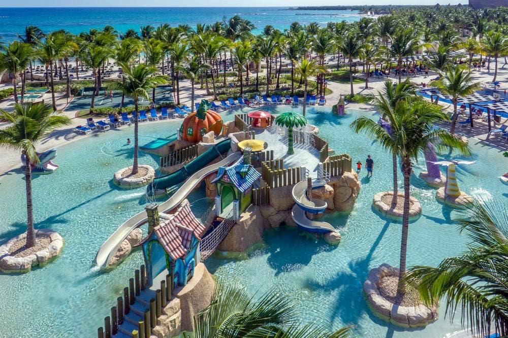 An aerial view of the water park at Barceló Maya Palace on a sunny day.