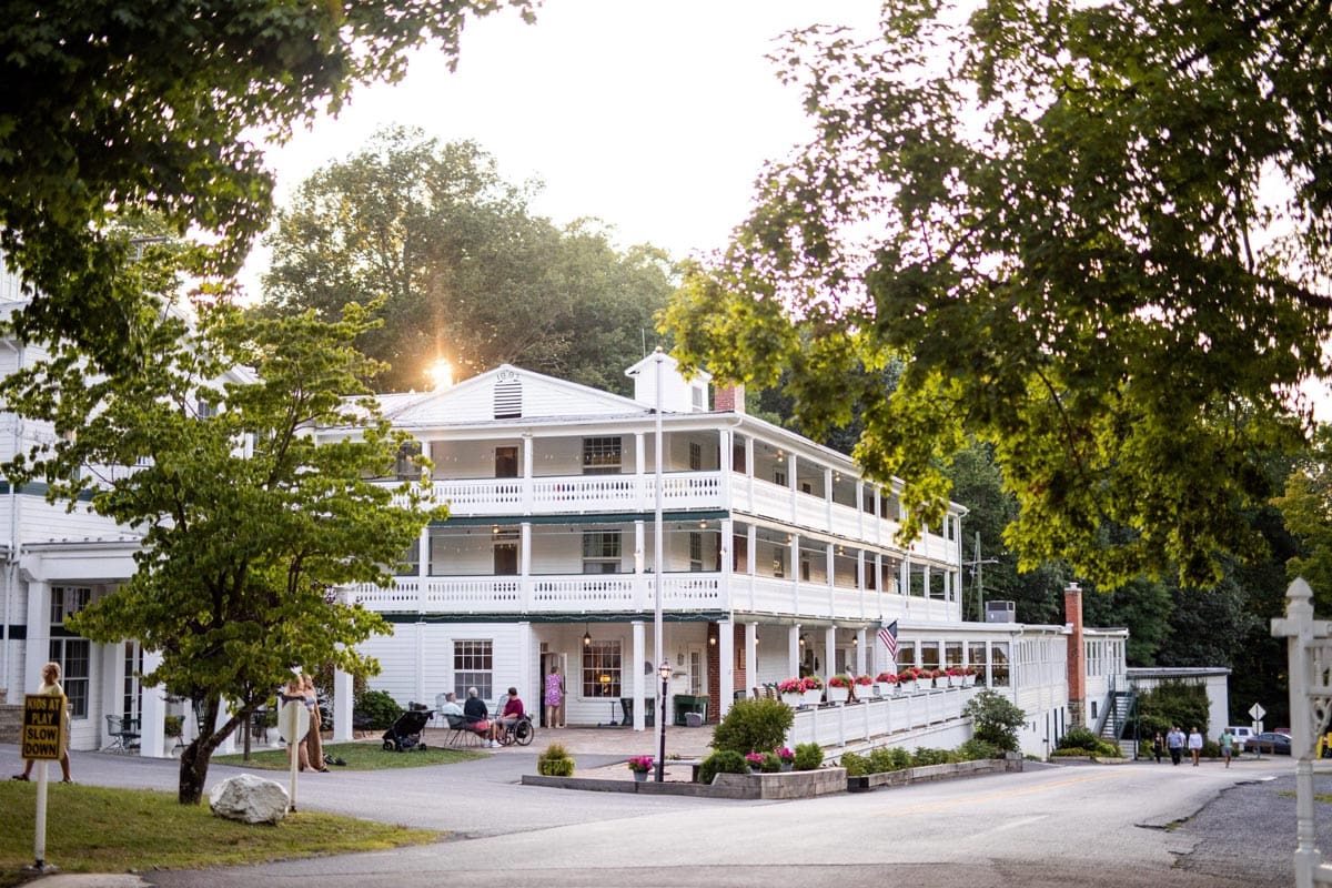 The large hotel building of Capon Springs Resort and Spa at sunrise.