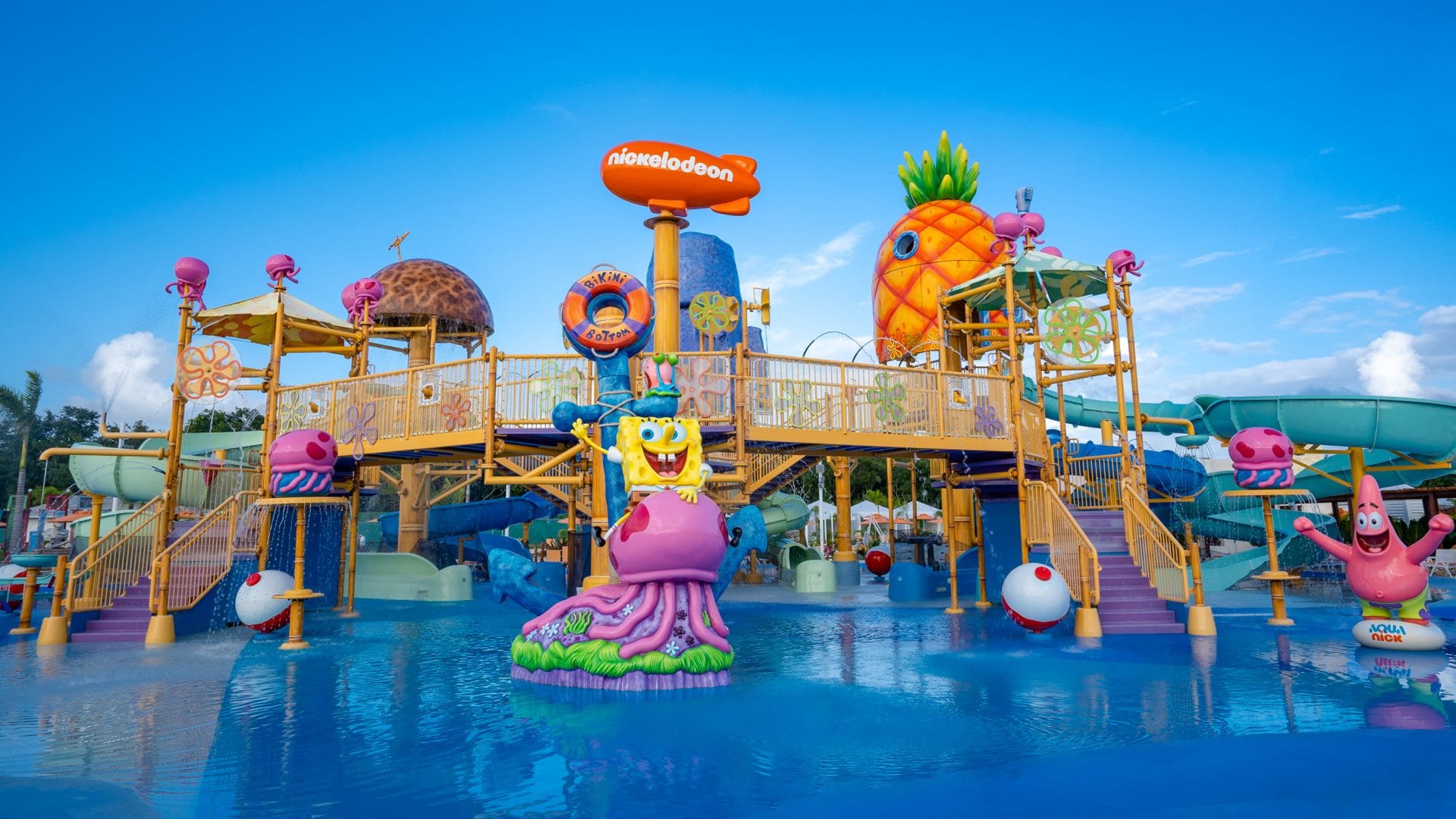 The Nickelodeon-themed water park at Nickelodeon Hotels & Resorts Riviera Maya, featuring kid favorites like Sponge Bob at one of the best resorts in Mexico with a water park for families.
