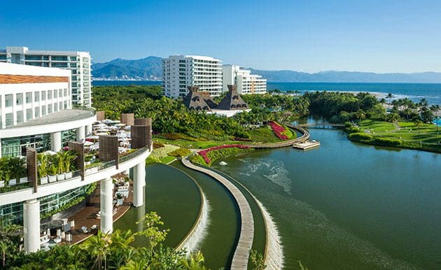 The epic ocean view and resort grounds of The Grand Mayan Nuevo Vallarta, one of the best resorts in Mexico with a water park for families.