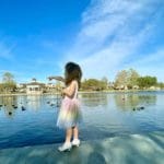 A young girl points out at ducks swimming on a lovely pond in Temecula.